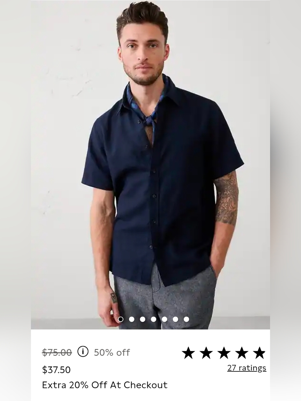 Banana Republic Slim Fit Navy Linen Cotton Short Sleeve Mens Shirt Size XL